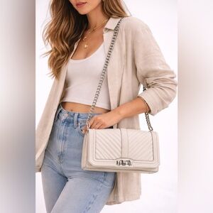 Rebecca Minkoff Chevron Quilted Leather Crossbody Bag Cream Silver Chain